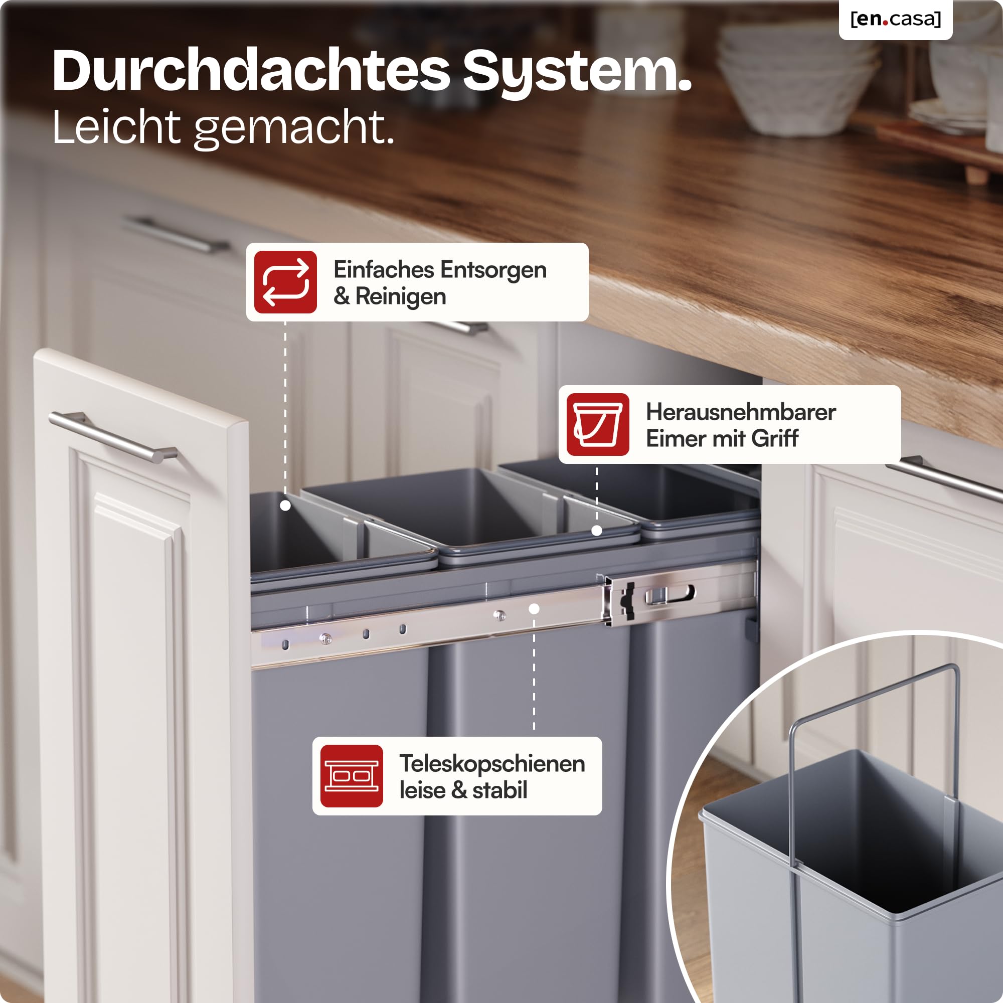 en.casa] Einbaumülleimer Froland Mülleimer 3 Fächer Mülltrennsystem ausziehbar Abfalleimer Küche 3x10L herausnehmbare Behälter 48 x 26 x 42 cm Küchenmülleimer Grau Küche, Haushalt & Wohnen