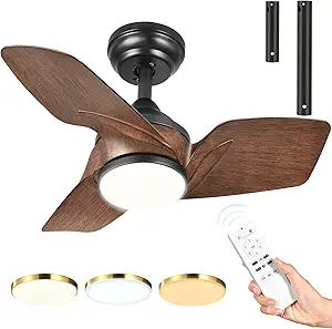 DWVO 26 Inch Ceiling Fans with Light and Remote, Small Modern Black Ceiling Fan with 3 Blades, 6 Speeds, 3 Colors Dimmable for Bedroom Patio Kitchen, DC Quiet Motor, Memory Function, Walnut