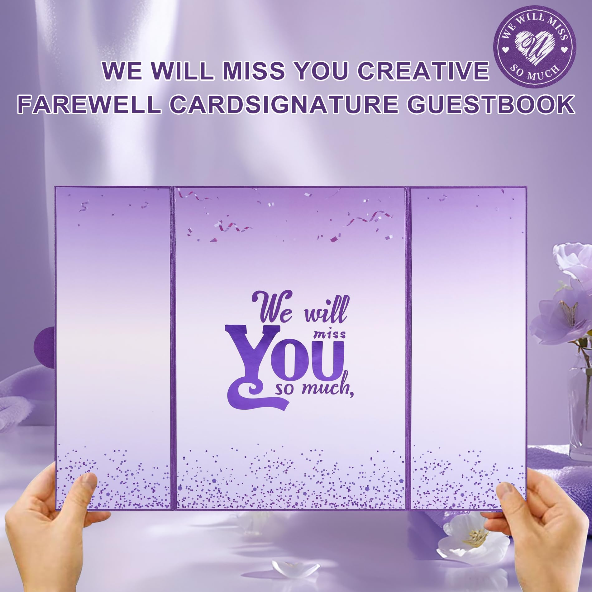 Traumhafte violette Abschiedskarte "We Will Miss You", Dekorationen, Abschiedsparty-Dekorationen, große signierbare Abschiedskarte, alternative Abschiedsgeschenke für Kollegen, Ausgehen