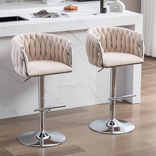 DUOMAY Juego de 2 taburetes de bar giratorios modernos, taburete de bar de tela de lino de altura ajustable con respaldo de barril para isla de
