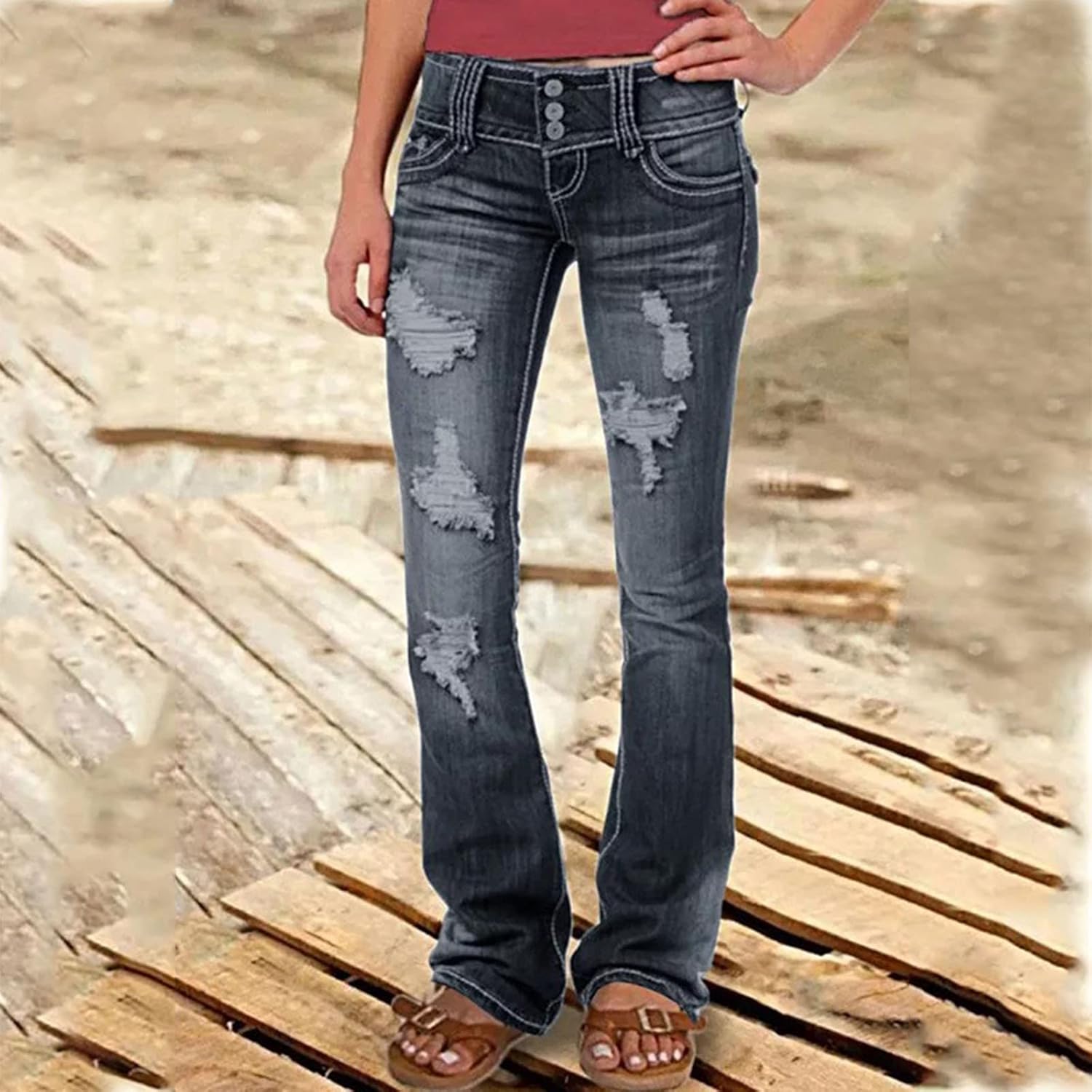 Womens Flared Jeans Stretchy Heart Printed Ripped Distressed Denim Pants Fashionable Casual Low Waist