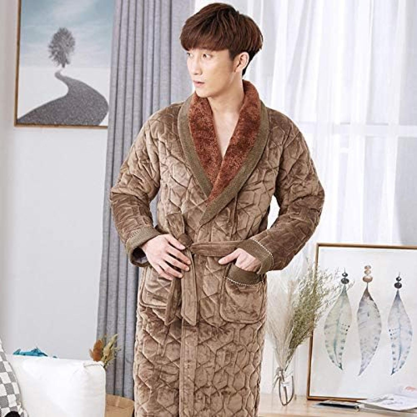 Albornoz De Baño Para Hombre, Camisón Grueso De Terciopelo Coral, Pijamas En Otoño E Invierno, Además De Bata De Algodón De Terciopelo, Albornoz Largo De Invierno,A,L