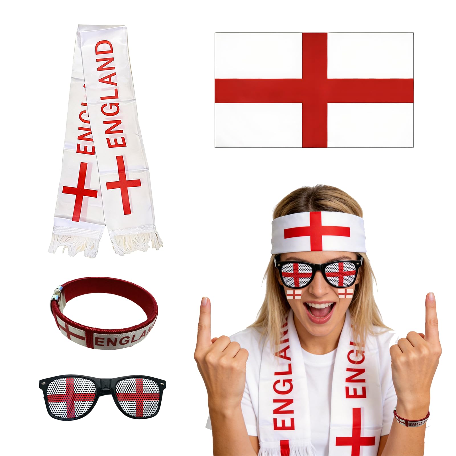 5Pcs England World Cup 2026 Merchandise Set - with Scarf Glasses Bracelet Flag & Headband, World Cup Football 2026 England Accessories, Ultimate for Boys and Girls, Ideal for Stadium, Pub, and Parties
