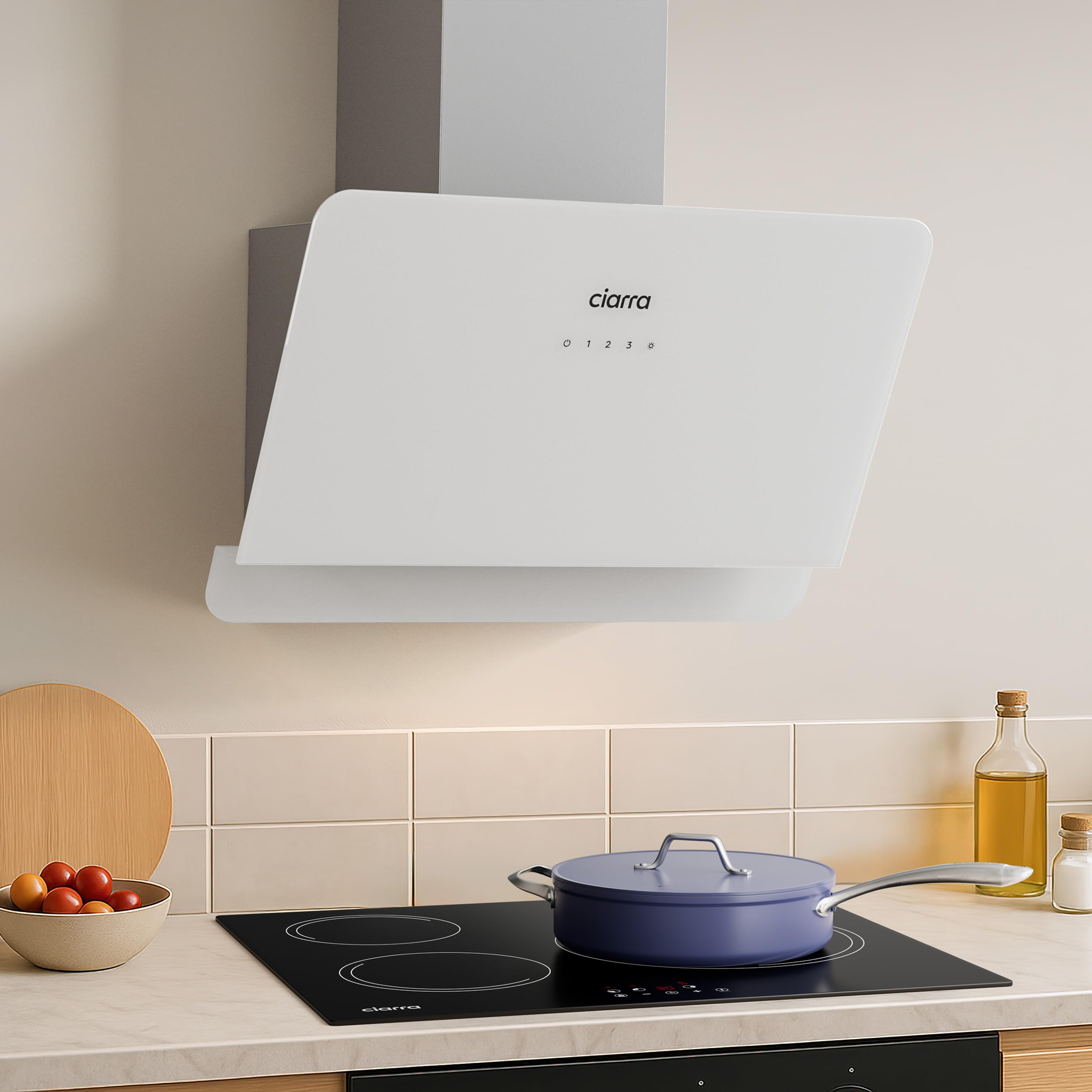 CIARRA CBCS6765C Hotte Inclinée Murale 60cm Classe A+ 580m³/h avec Filtre à Charbon CBCF055, 3 Vitesses, Écran Tactile, Évacuation & Recyclage, Verre et Inox -Blanche
