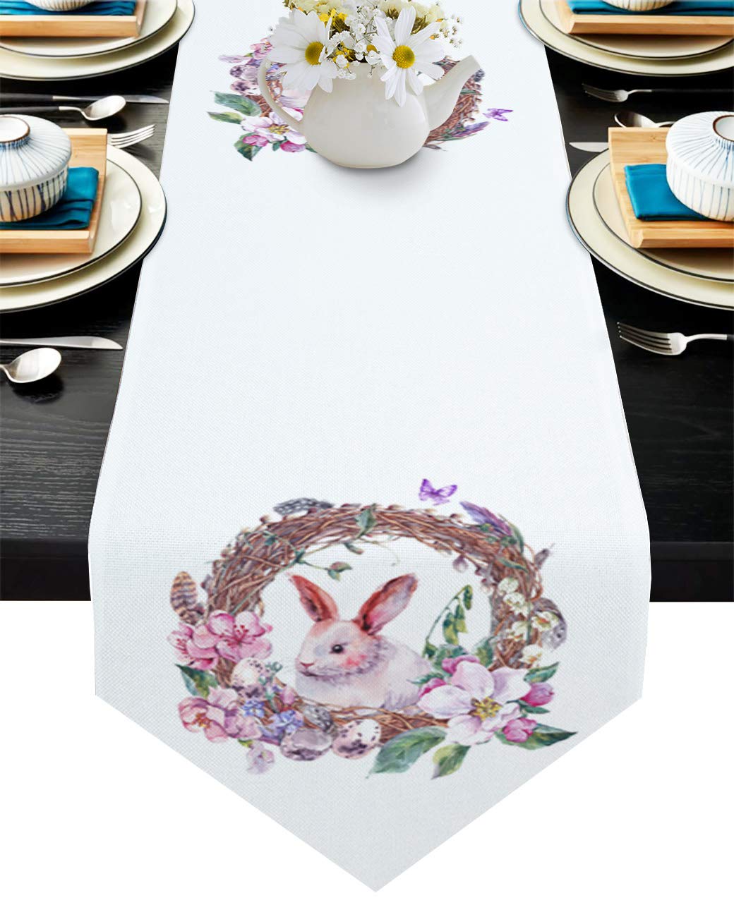 Easter Akwarela Kwiaty Królik Rabbit Biegacze, Akcesoria Kuchnia Dekoracja Dekoracji Stół Mata Home Event Party Tablecloth Wystrój stołu(33x229cm)