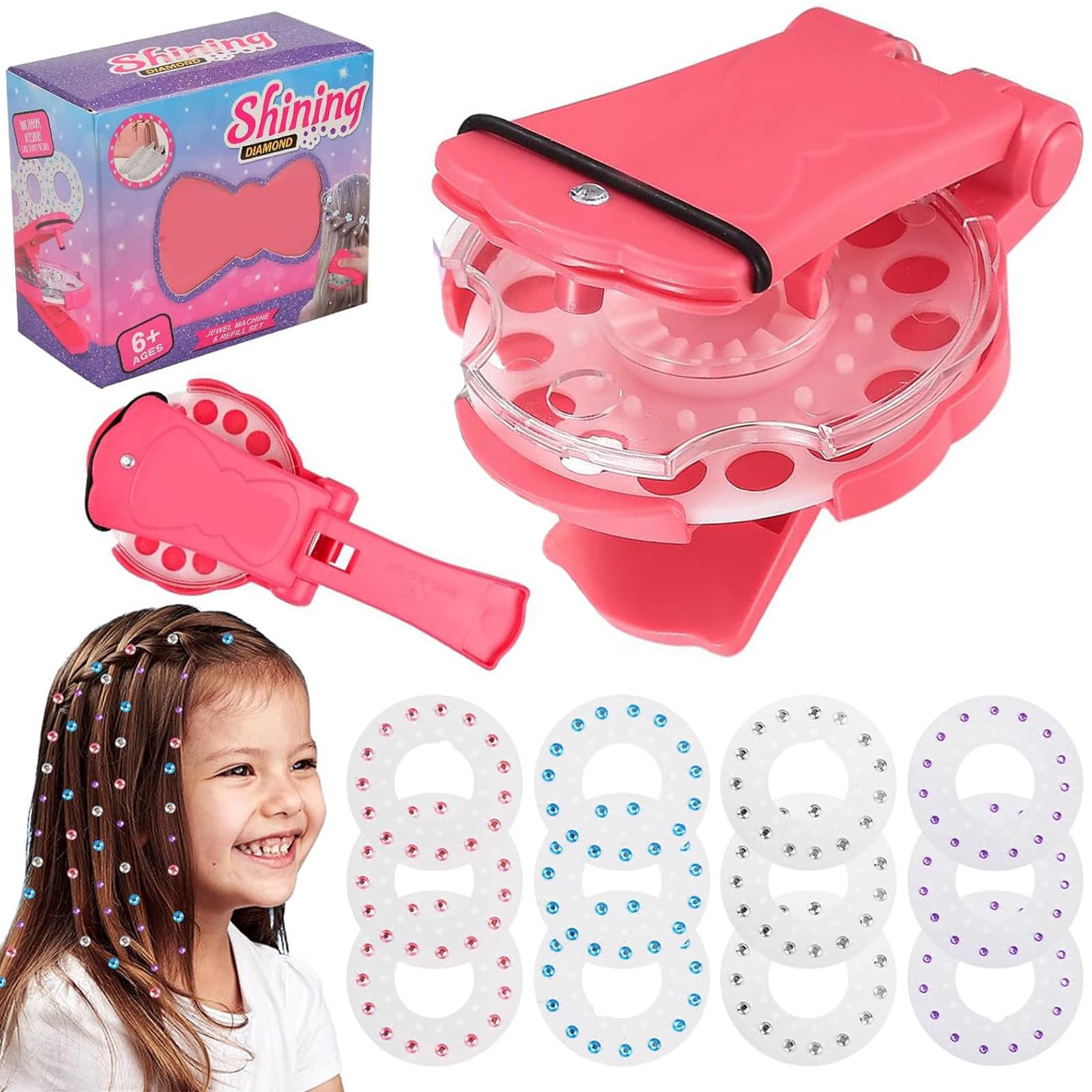 Gifts for 5 6 7 8 9 10 Year Old Girls, Hair Gem Stamper, Hair Bedazzler Kit with 180 Rhinestones Hair Gems, Kids Hair Accessories for Girls, Hair Braiding Kit Toys for Girls Age 5-12