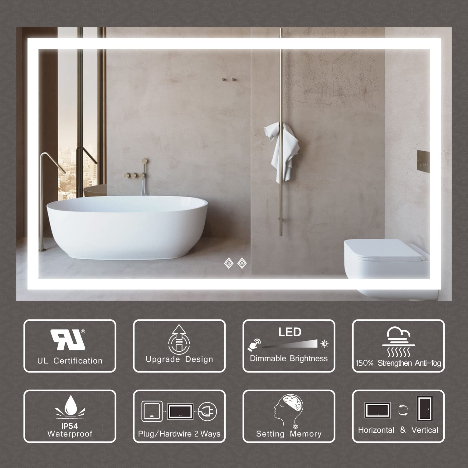 VanPokins 48x30 Inch LED Vanity Mirror,150% Enhanced Anti-Fog 6000K LED Light Mirror,CRI>90 Dimmale Fashion Touch Waterproof Smart Mirror(Horizontal/Vertical)