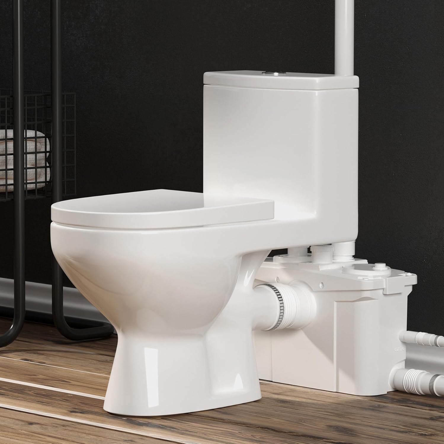 WinZo 700W Macerating Toilet System, Modern Square One-Piece, Dual Flush, Upflush for Basement Bathroom, 4 Connection Inlets for Sink & Shower, White