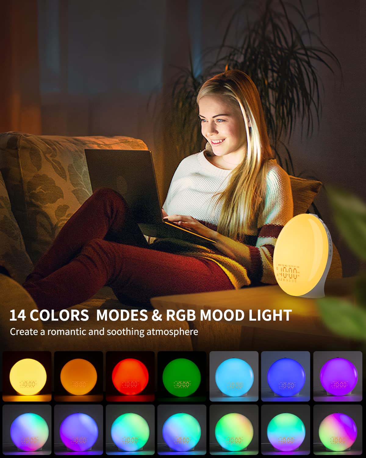 Réveil Lumineux, Simulateur d'Aube Grand Écran, Lampe de Chevet Veilleuse | 14 Couleurs, 20 Niveaux de Luminosité, Double Alarme, 8 Sons Naturels, Radio FM, Snooze, Port USB pour Enfant Adulte