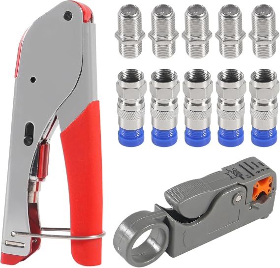 مجموعة أدوات حافظة الكابلات المحورية أداة ضغط محورية لتركيب الأسلاك مع موصل نوع 5pcs Rg6 F + 5pcs Rg6 موسع الكابلات المحورية