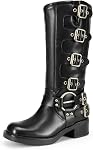 DREAM PAIRS Women's Knee High Buckle Boots Motorcycle Biker Boots Square Toe Chunky Mid Heel Fashion Buckles Riding Boots