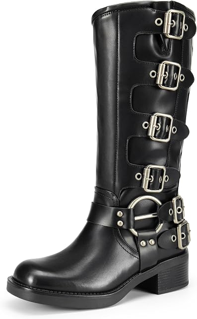 DREAM PAIRS Women's Knee High Buckle Boots Motorcycle Biker Boots Square Toe Chunky Mid Heel Fashion Buckles Riding Boots