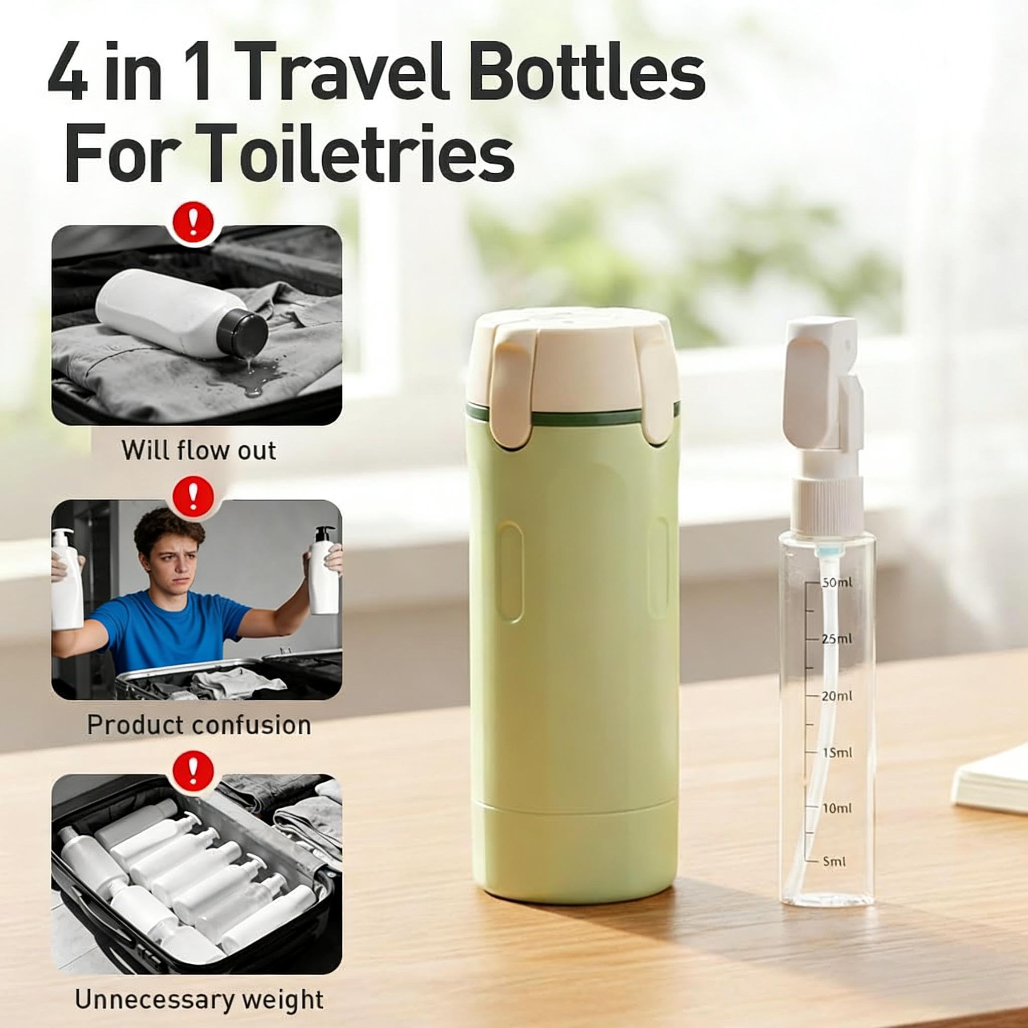 Set di bottiglie da viaggio 4 in 1, contenitori da viaggio ricaricabili per articoli da toeletta, apertura a bottone, a prova di perdite, bottiglie cosmetiche con scala ed etichette per shampoo