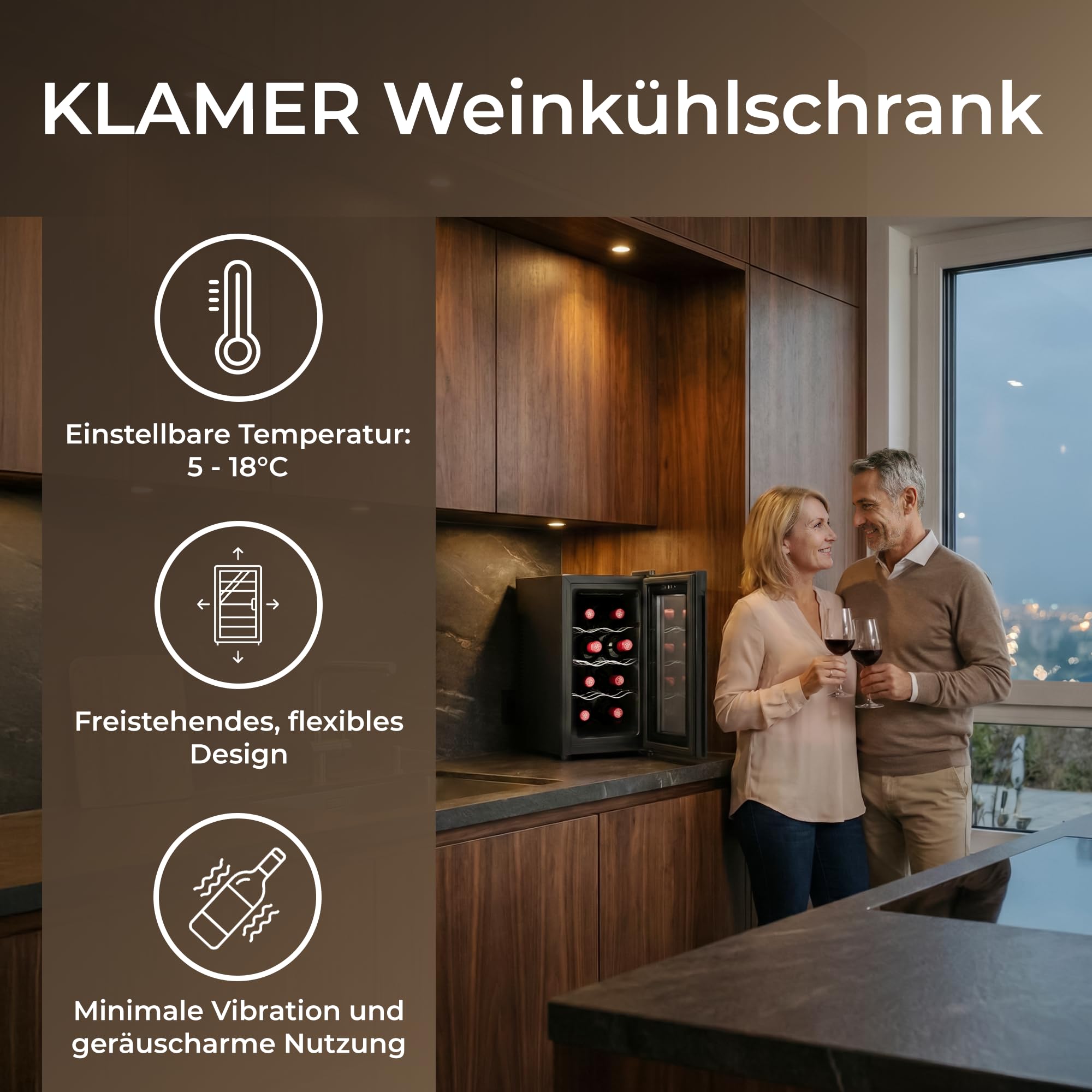 KLAMER Weinkühlschrank 8 Flaschen, Mini Kühlschrank 21 L, 5–18°C Präzisionskühlung, Thermoelektrisch, UV-Schutz Glastür, Touch Display, Weinkühler leise 35 dB - 2