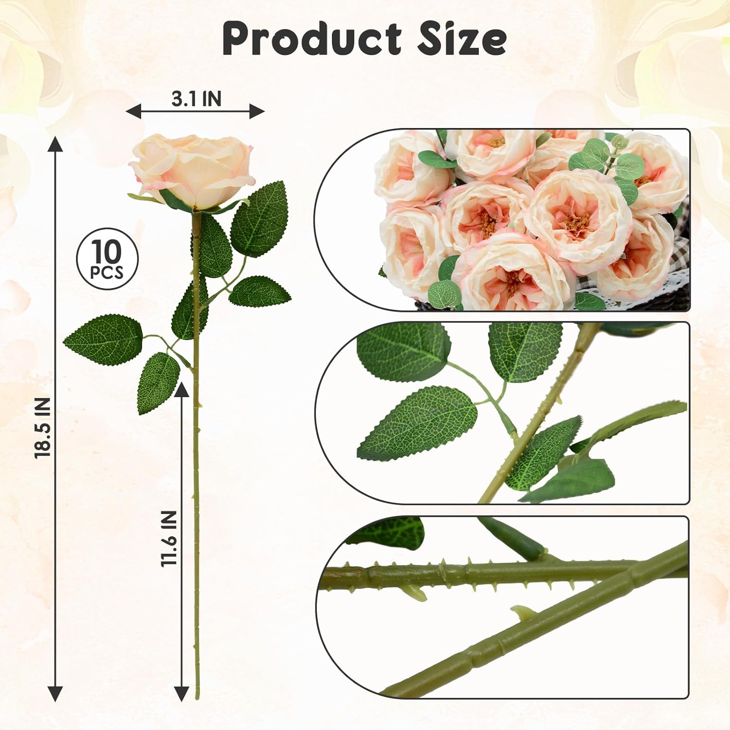 10 Pcs Artificial Flowers Rose, Silk Austin Rose Flower Bouquet, Fake Roses Faux Floral with Stem for Wedding Bridal Party Arrangements Bouquets, Dining Table Home Decor Centerpieces, Champagne Pink - Image 2