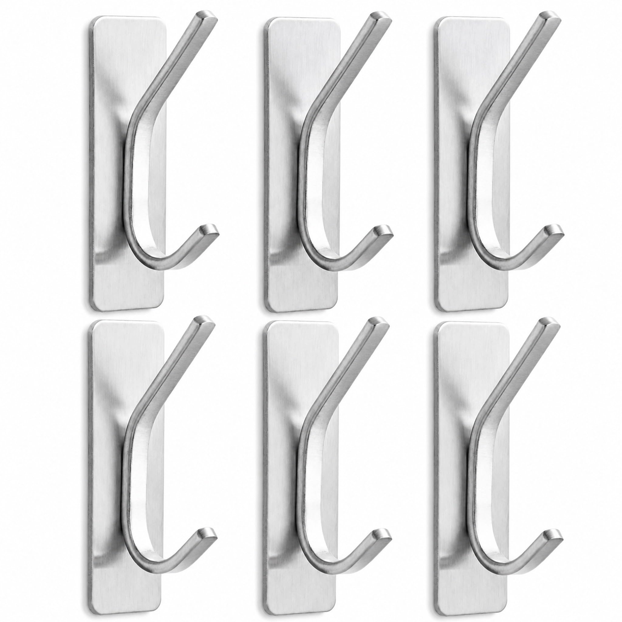 Heavy Duty Stainless Steel Self Adhesive Hooks, Up to 6KG Load Bearing Sticky Wall Hooks, Waterproof No Drill Stick On Hooks for Bathroom Shower Kitchen Closet, Hanging Coat Towel Hat Purse, Silver 6