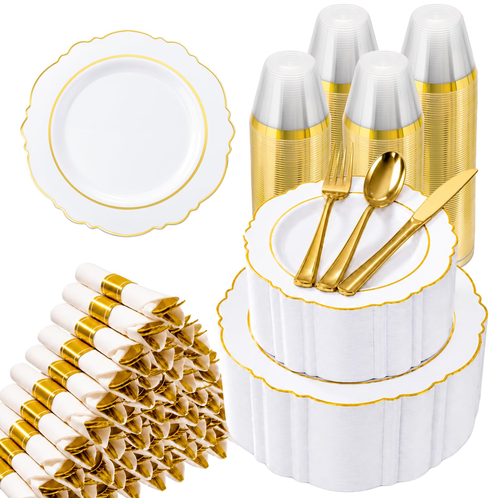 Gold Disposable Plates Set - 350 Piece Dinnerware -12