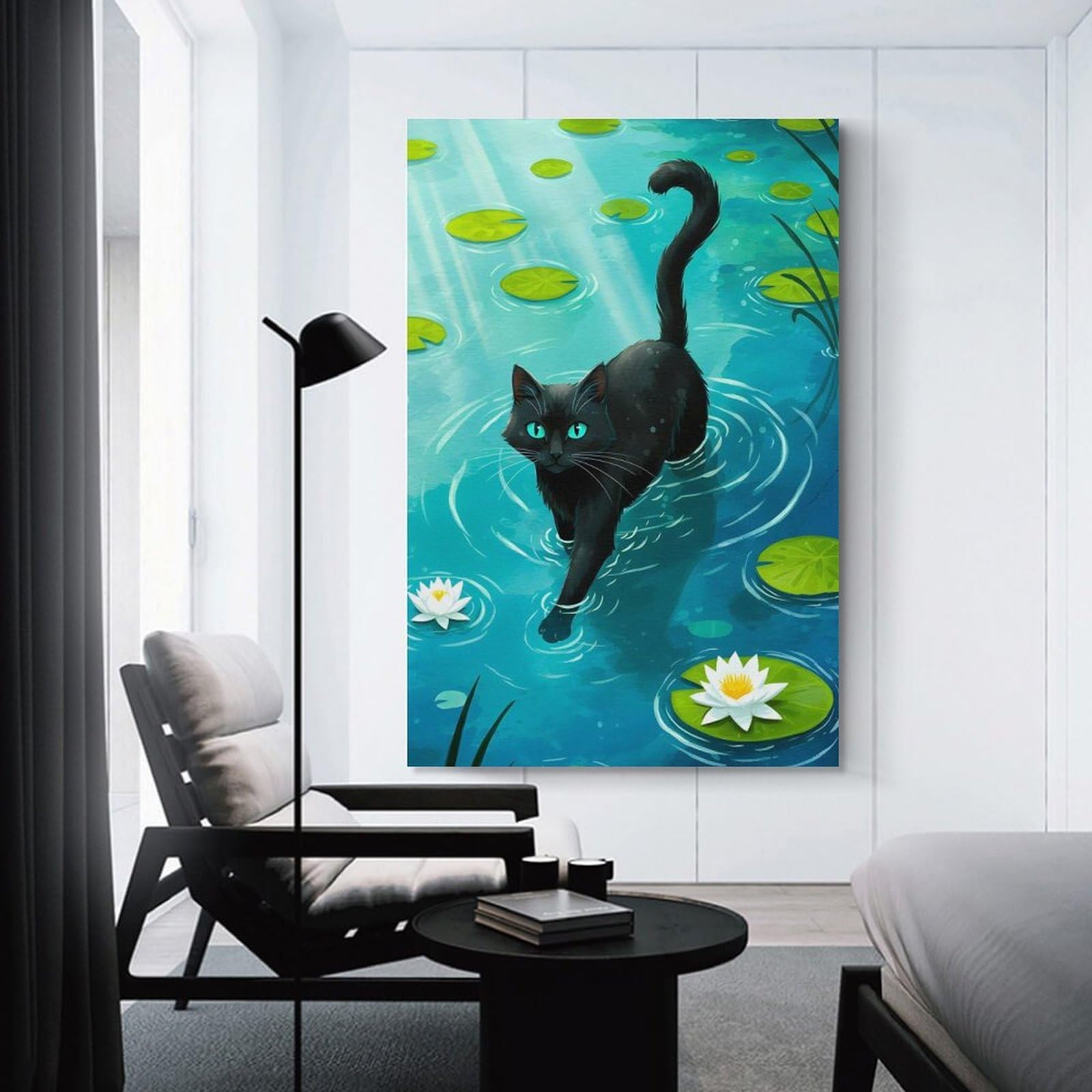 Junmoney Black Cat in Lily Pond Decorative Canvas Print 12x18inch(30x45cm), for Study, Office Or Focused Interiors, Wall Art That Adds Style to Work Areas