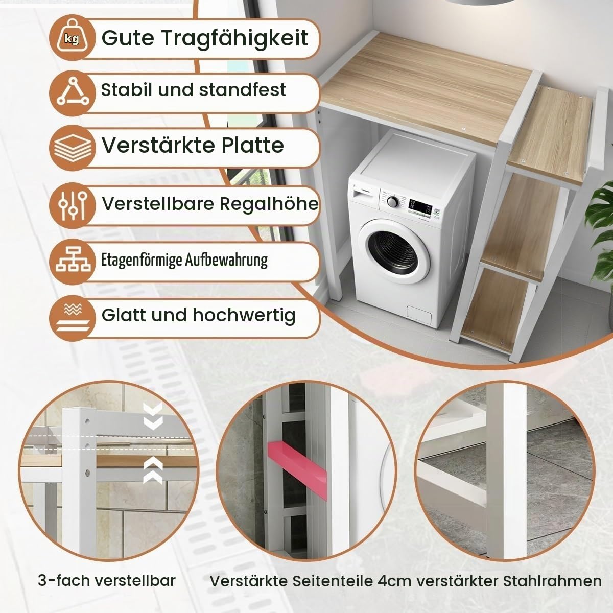 Waschmaschinenregal für Trockner mit Seitlichem Ablagefach, Regal über Waschmaschine, Höhenverstellbar, Waschmaschinenschrank mit Trockner für Badezimmer, Küche & Waschküche(White)