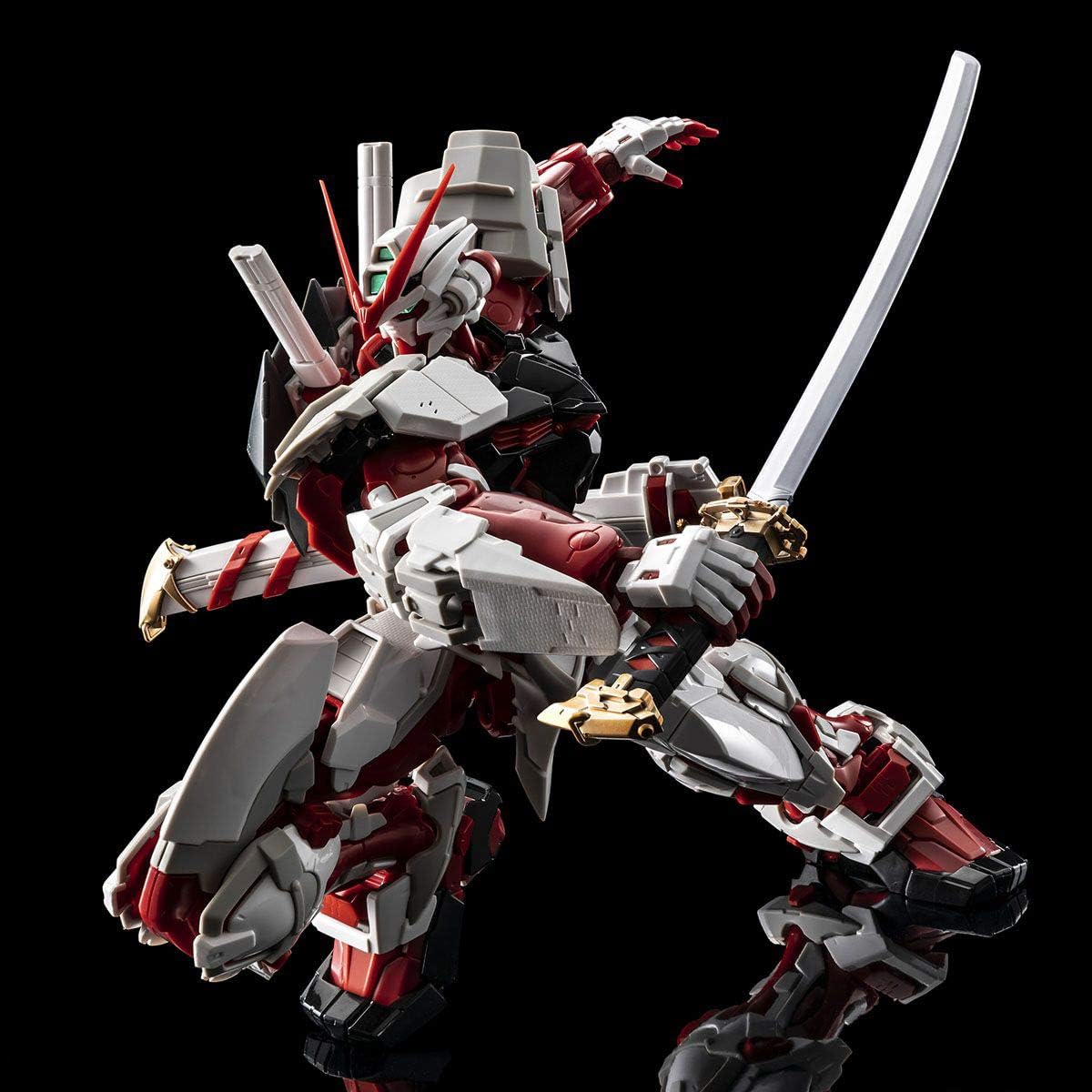 Gundam Astray Red Frame in a dynamic sword-wielding pose, kneeling with its katana drawn.