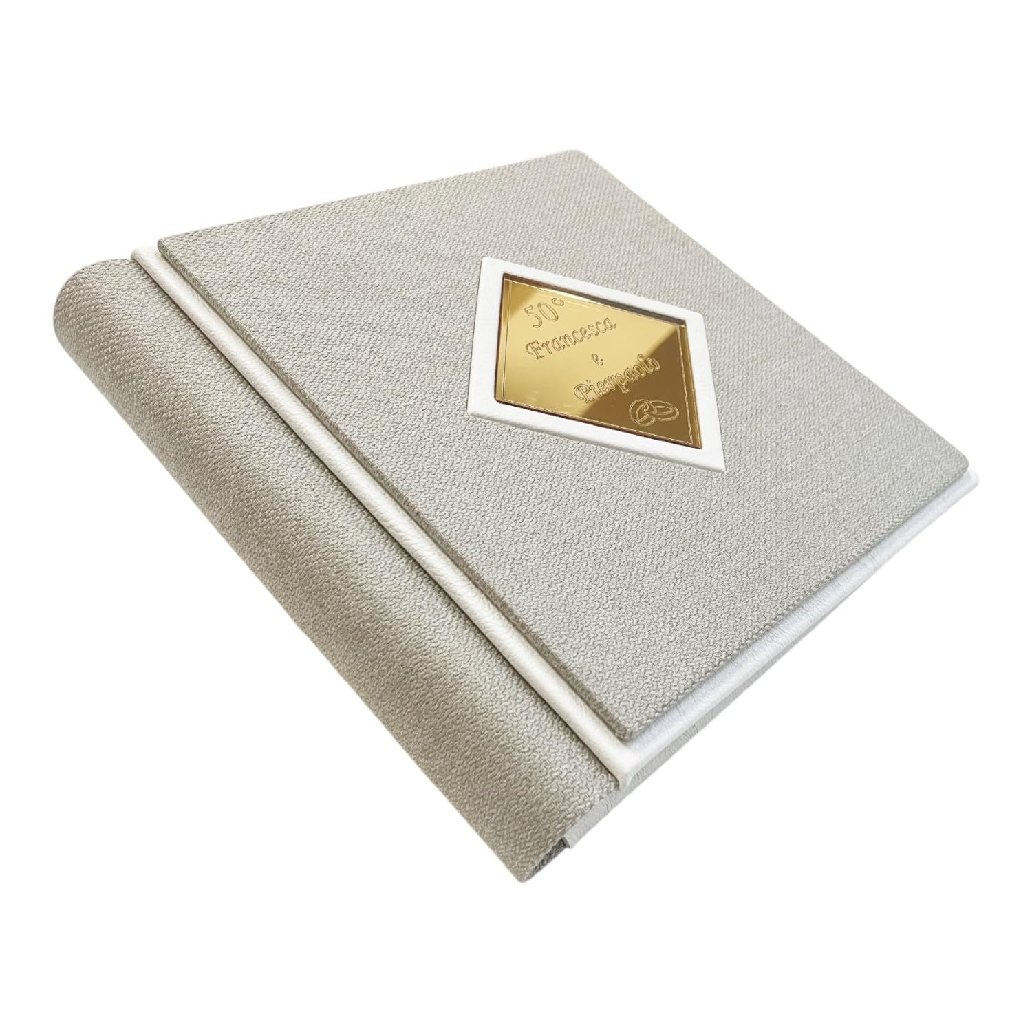 Album Fotografico Artigianale -Zenith- in Tessuto con Profili in ecopelle a contrasto, Rombo centrale a specchio Personalizzabile, Matrimonio,Anniversario,Comunione,Eventi (Beige-Bianco-Oro)