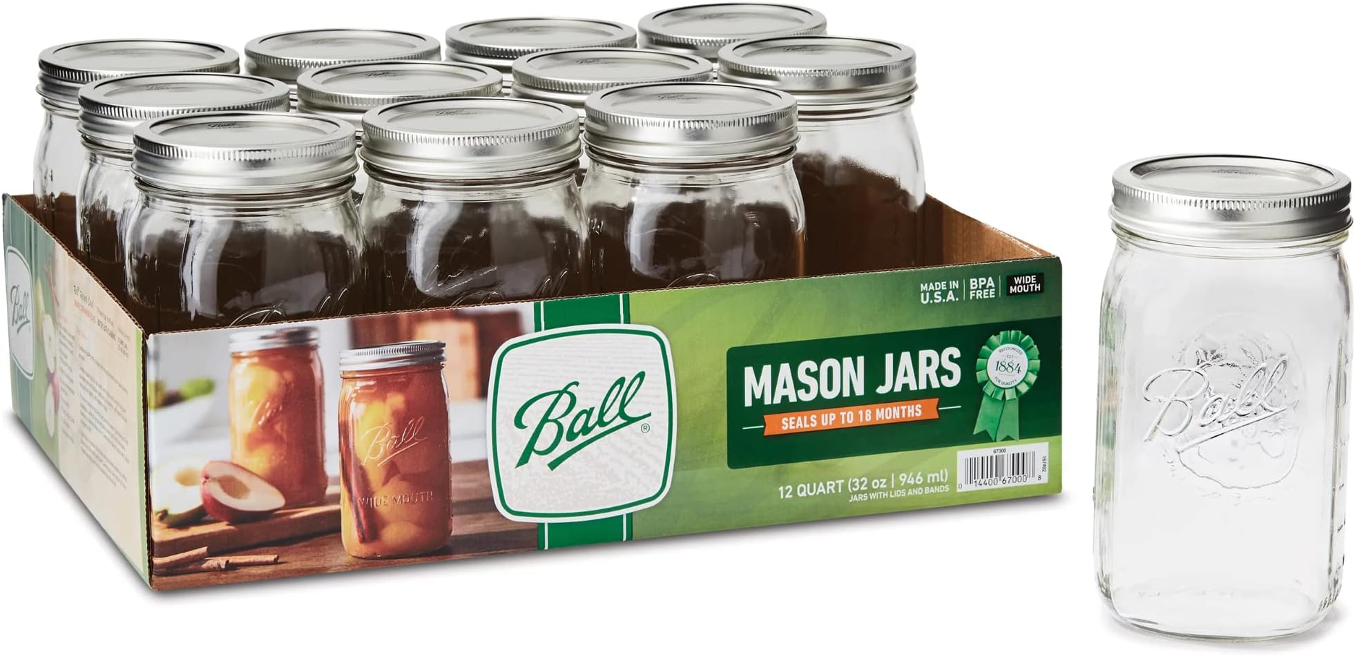 Ball Canning Wide Mouth Quart with Lid - Case of 1-12 Count