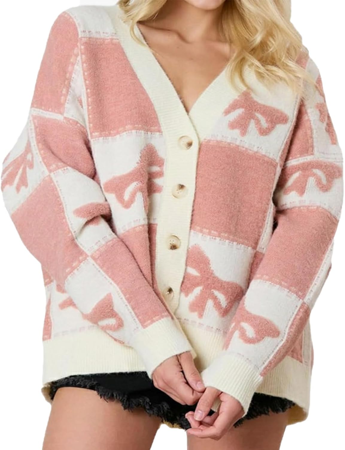 Meiweileya Womens Oversized Cardigan Sweaters Bow Printed Button Down Y2k V Neck Valentines Loose Long Sleeve Knit Coat - Image 2