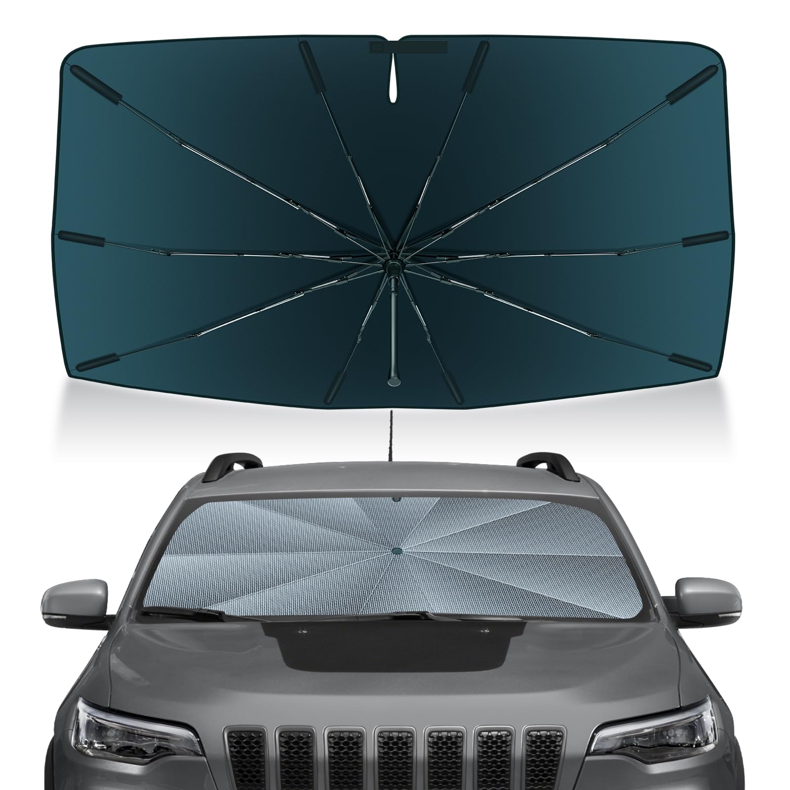 Autorder Windshield Sun Shade Umbrella for 2014-2023 Jeep Cherokee SUV Accessories,Upgraded Ice Crystal Material,Easy Setup Umbrella Sunshade for Car Windshield,100% Sun Blocking