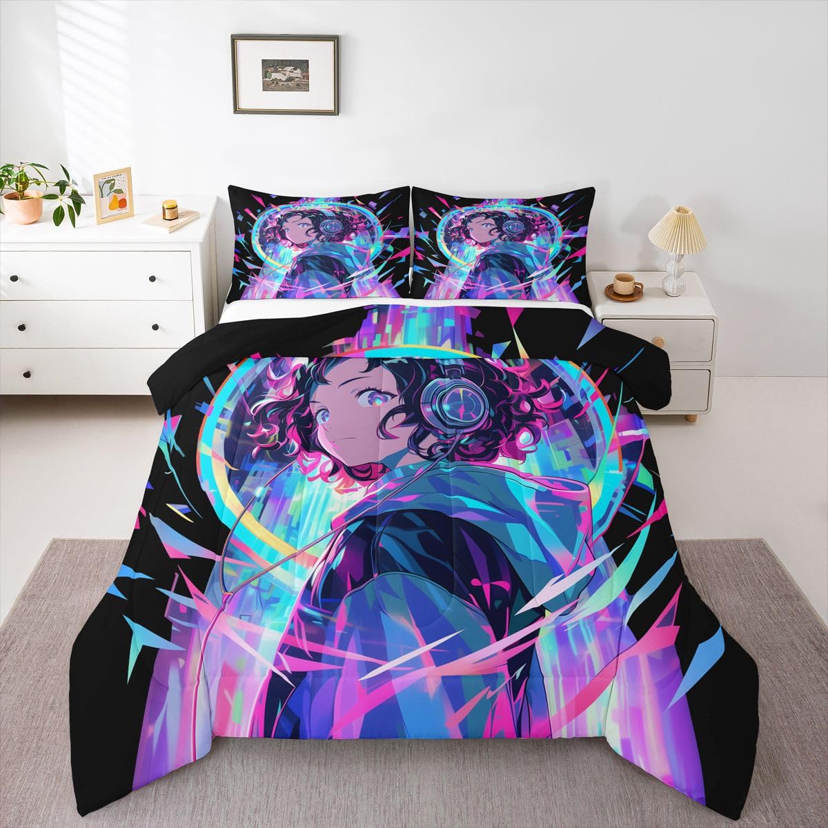 Erosebridal 3D Anime Girl Bedding Comforter Sets American Street Culture Comforter Set Queen for Teens Youth Girls Watercolor Graffiti Style Bedding Galaxy Stars Print Duvet Set with 2 Pillow Cases