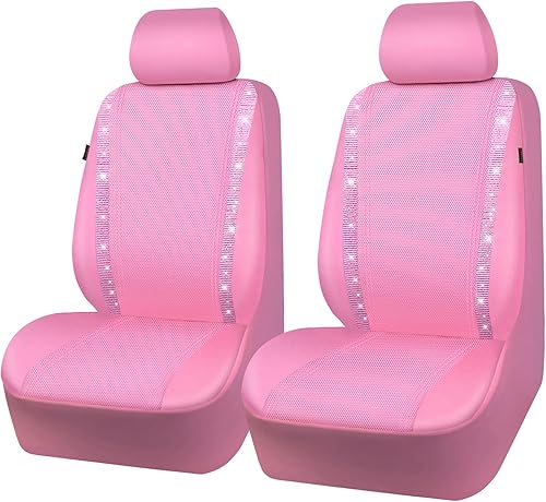 CAR PASS - Fundas de asiento de cuero sintético rosa impermeable con diamantes brillantes, para dos asientos delanteros, ajuste universal, con tiras