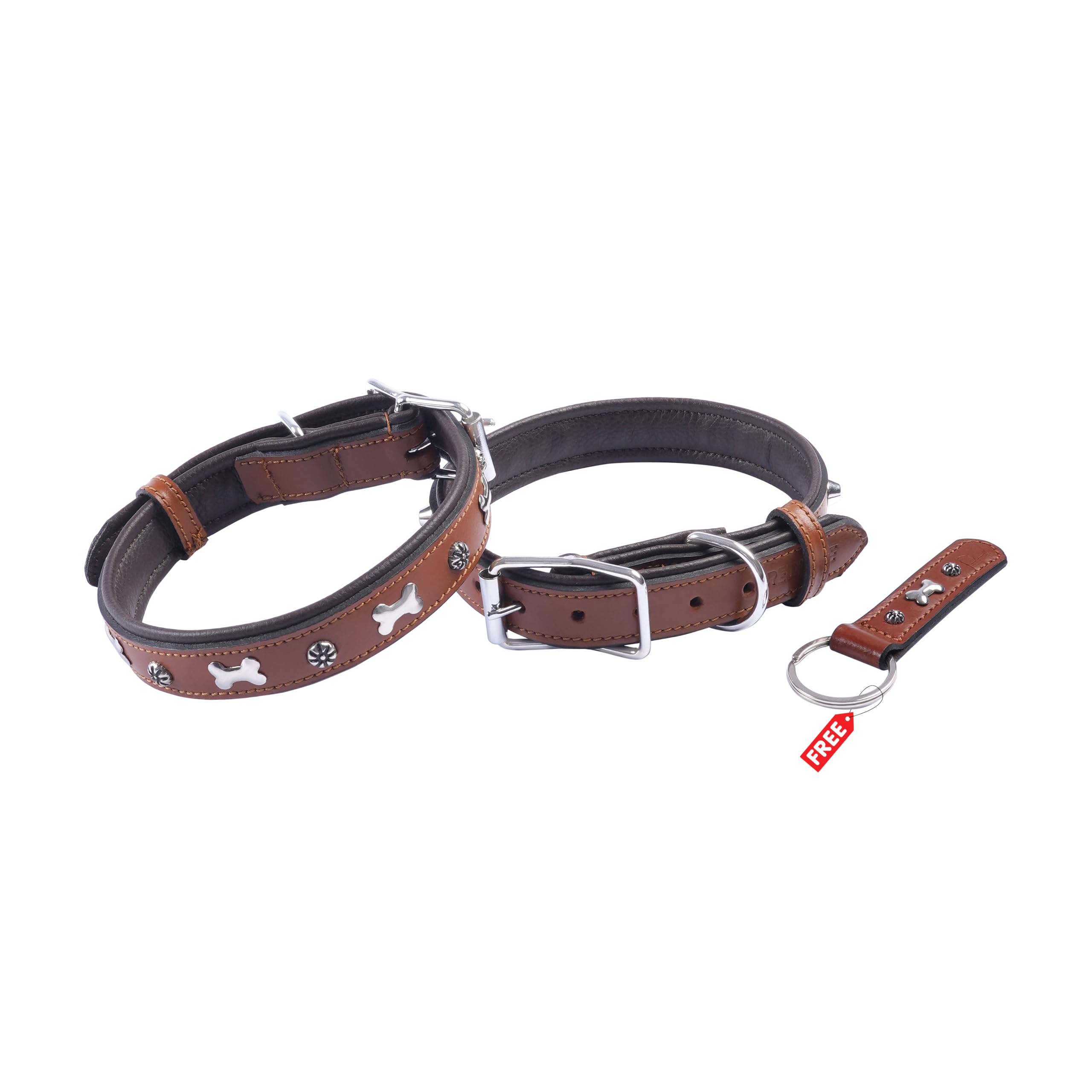REDLUXE Genuine Leather Dog Collar with Bone Stud Design, Soft Padded Adjustable Pet Collar for Small, Medium & Large Dogs, Heavy Duty Metal Buckle & D-Ring,Free Matching Keyring (TAN, S)