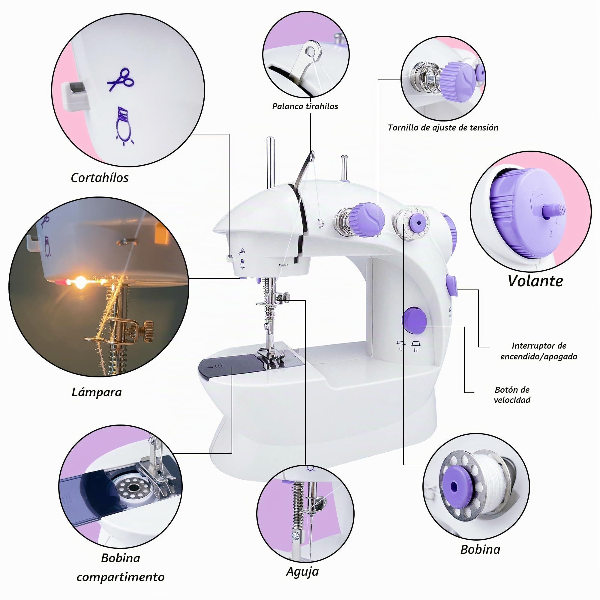 Mini máquina de coser con mesa de extensión mejorada, hilo doble ajustable portátil de 2 velocidades con kit de Máquina de coser de viaje eléctrica con pedal para niños principiantes