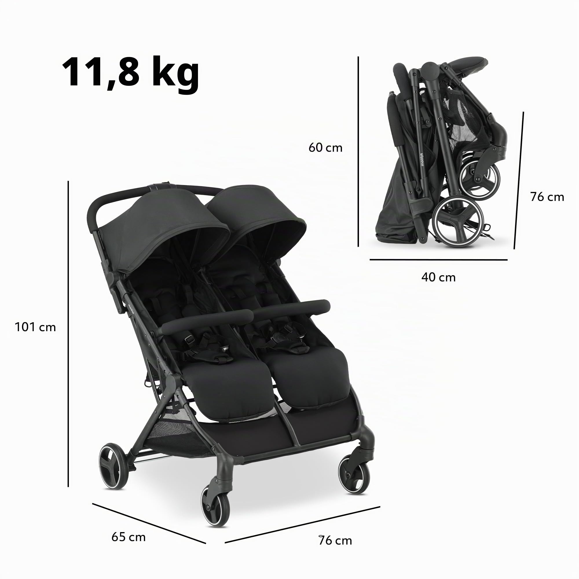 Tess Poussette double pour frères et sœurs, de la naissance à 4 ans environ (22 kg), légère, pliable, autoportante, grand panier de rangement, housse de pluie et sac de transport, noir