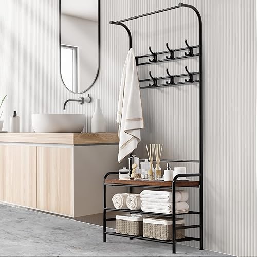 Miniatura 5 de Amyove Perchero para zapatos, zapatero 3 en 1 para entrada, estante de almacenamiento de 3 niveles y 8 ganchos extraíbles, muebles de acento