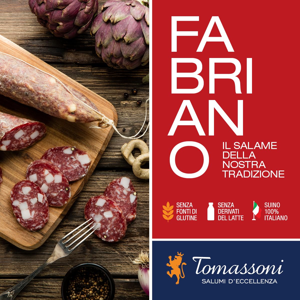 Tomassoni Italienisch SALAMI FABRIANO Ganz 600g, Salame Fabriano, glutenfreiund laktosefrei, 100% italienisches Handwerksprodukt, gourmet-spezialitäten aus der Region Marken, vakuumverpackt