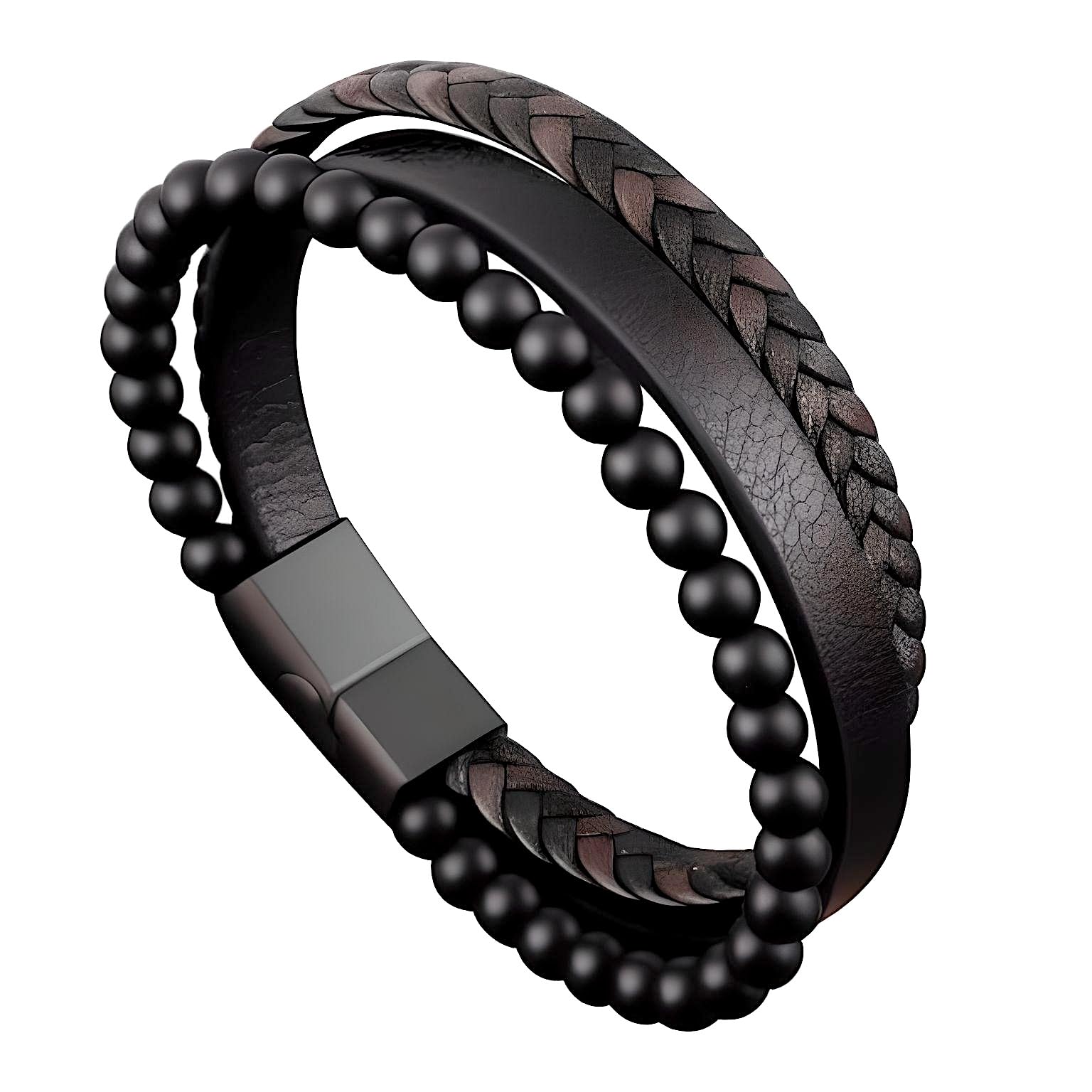 HEALING HEART BLACK & BROWN - American Style Genuine Leather Bracelet with Healing Natural Stones and Stainless Steel Magnetic Buckle for Men & Boy (8 inch)