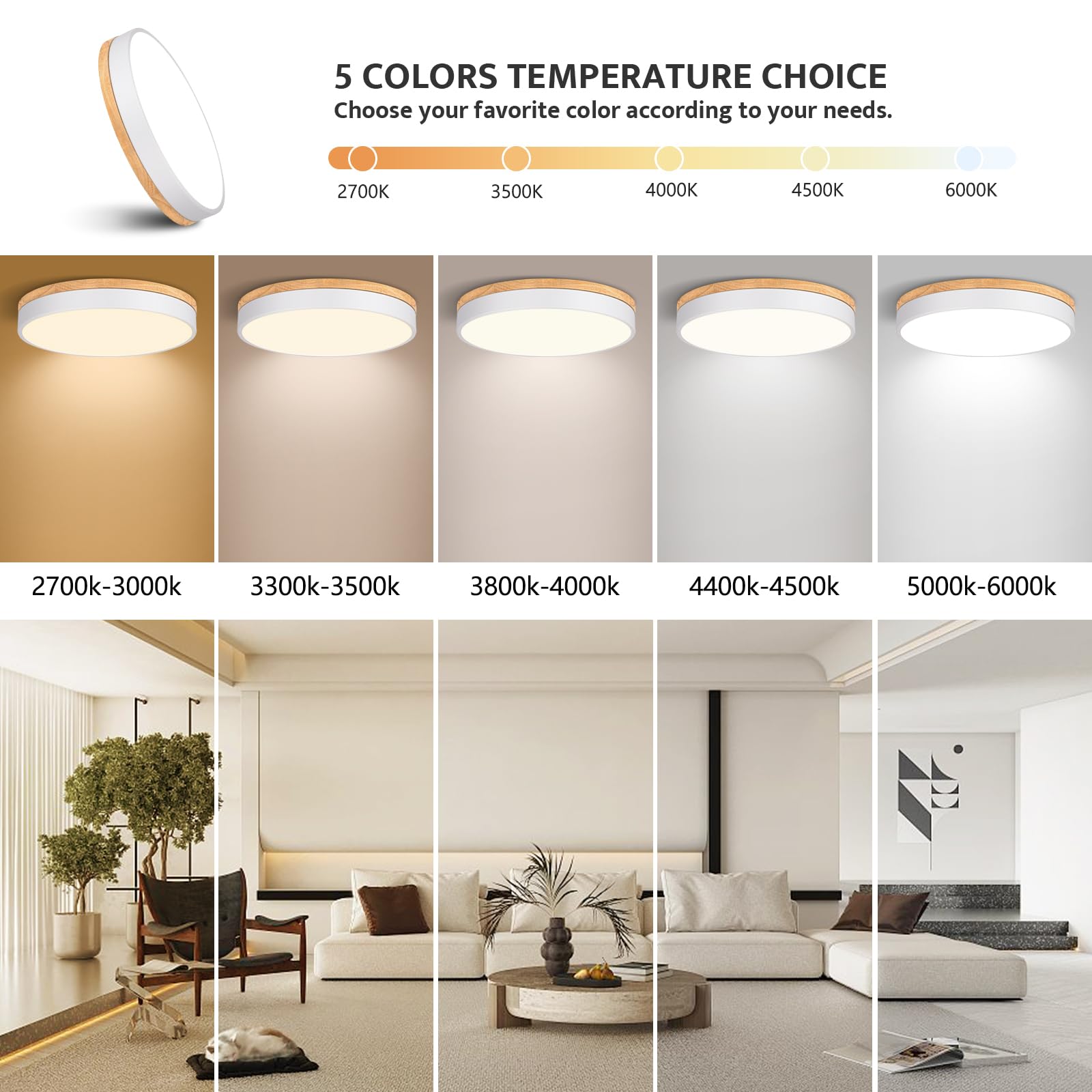 Lámpara De Techo LED De Madera Regulable, 5CCT 2700K-6000 K