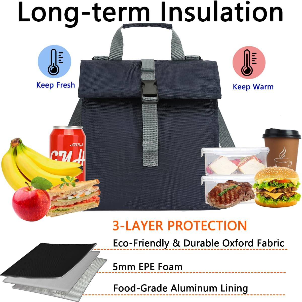 Insulated Lunch Bag for Men/Women,Roll top Reusable Lunch Box with Adjustable Shoulder Strap,Thermal Lunch Cooler Tote Container for Adults Work Office Picnic,Cyan - Image 4