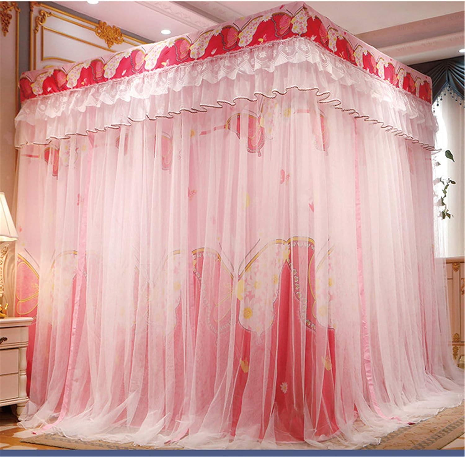 Generic 4 Corner Post Canopy Bed Curtain Bed Netting Mosquito Net Bedding Detachable Double Layer Luxury Princess (Pink 150 * 200cm)