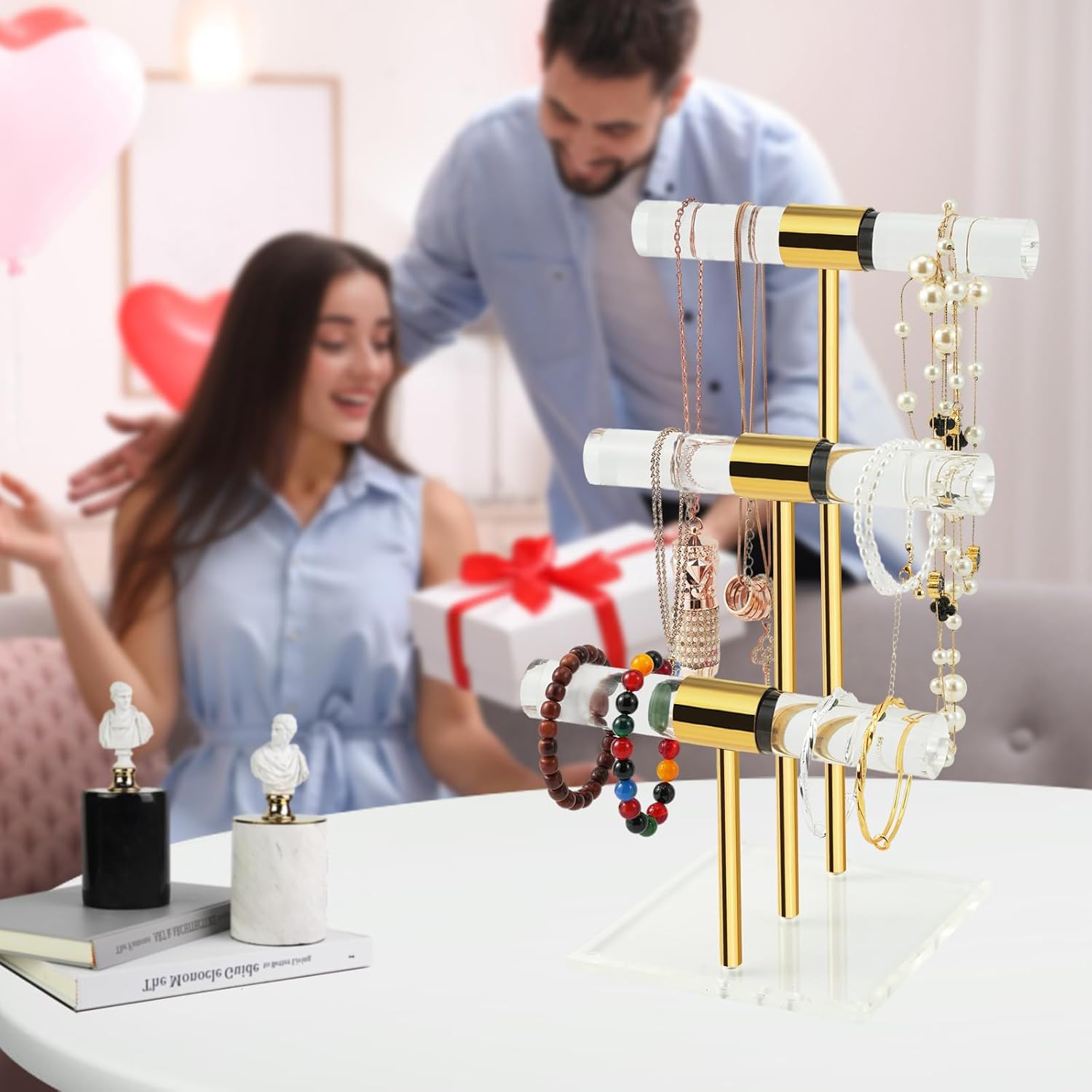 T-Bar Tangle-free Necklace and Jewelry Display Stands, 3-Tier Acrylic Bracelet Holder Stand, Clear Gold Jewelry Organizer with Stainless Rod, Women Vendors Retail Store Counter Bangles Display Stand - Image 8