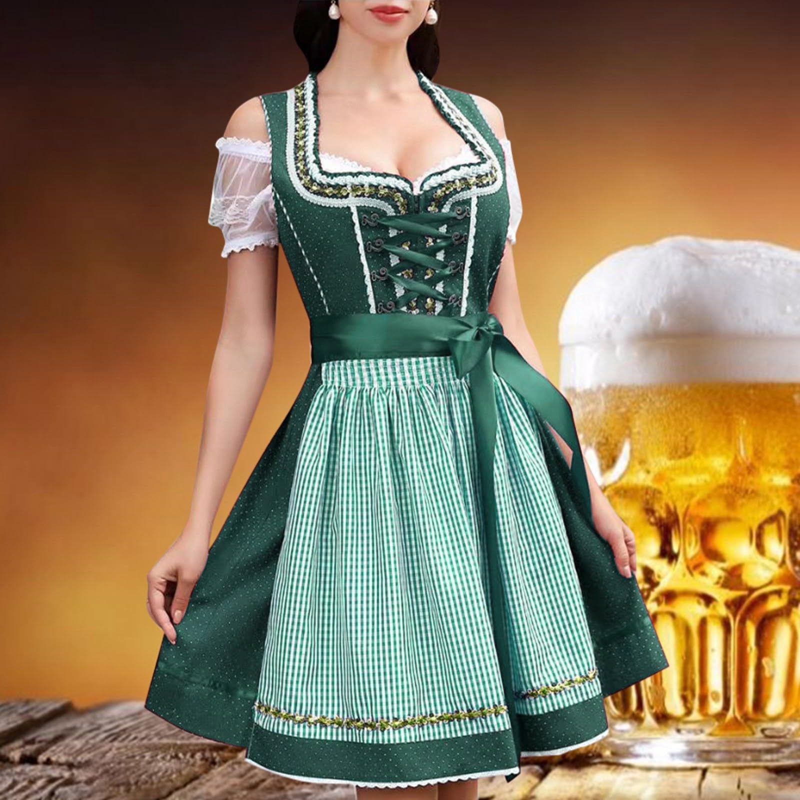 Robe Dirndl pour femme - Robe midi - Dentelle florale - Rétro - Grandes tailles - Avec lacets dans le dos et nœud en soie amovible - Robe festive - Chemisier Dirndl pour demoiselle d'honneur
