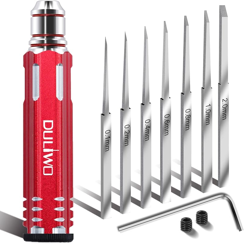Model Scriber Chisel 7 Blades (0.1/0.2/0.4/0.6/0.8/1.0/2.0mm) | Scribing Tool for Gundam Model Kit HG/RG/MG, Resin Kits, Line Scriber, Panel Line, Engraved Lines, Scale Model Hobby（red）