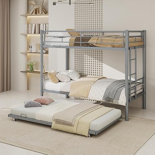 GNIXUU Metal Bunk Bed Twin Over Twin, Sturdy Heavy Duty Bunk Bed with Ladders & Safety Guardrail, Twin Bed Frames for Kids, Teens, Adults, No Box Spring Needed, Space Saving, Noise Free, Silver
