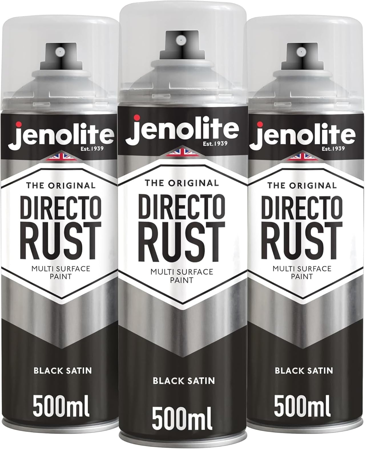 JENOLITE Directorust Spray Paint Satin Finish | BLACK | 3 x 500ml | Direct To Rust Spray Paint For Metal | All-In-One Multi Surface Paint for Metal, Wood, Plastic, Ceramic | RAL 9005