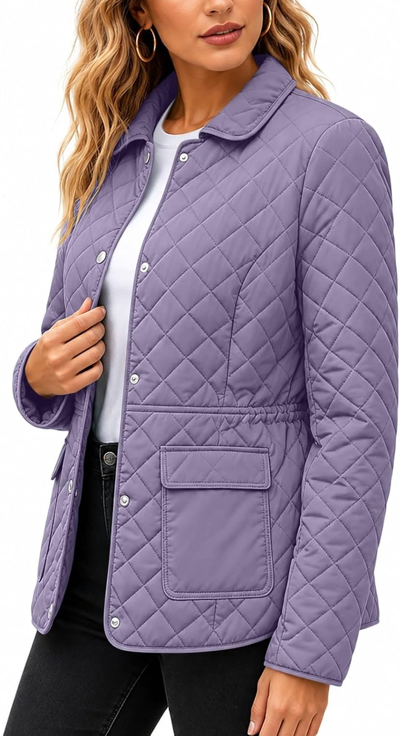 Women's Quilted Jacket Collared Snap Front Chic Short Padded Coat