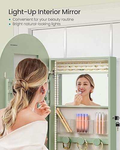 Miniatura 6 de SONGMICS Organizador de joyas ancho, armario LED para joyas montado en la pared/puerta, espejo arqueado con almacenamiento, con cerradura, esquina