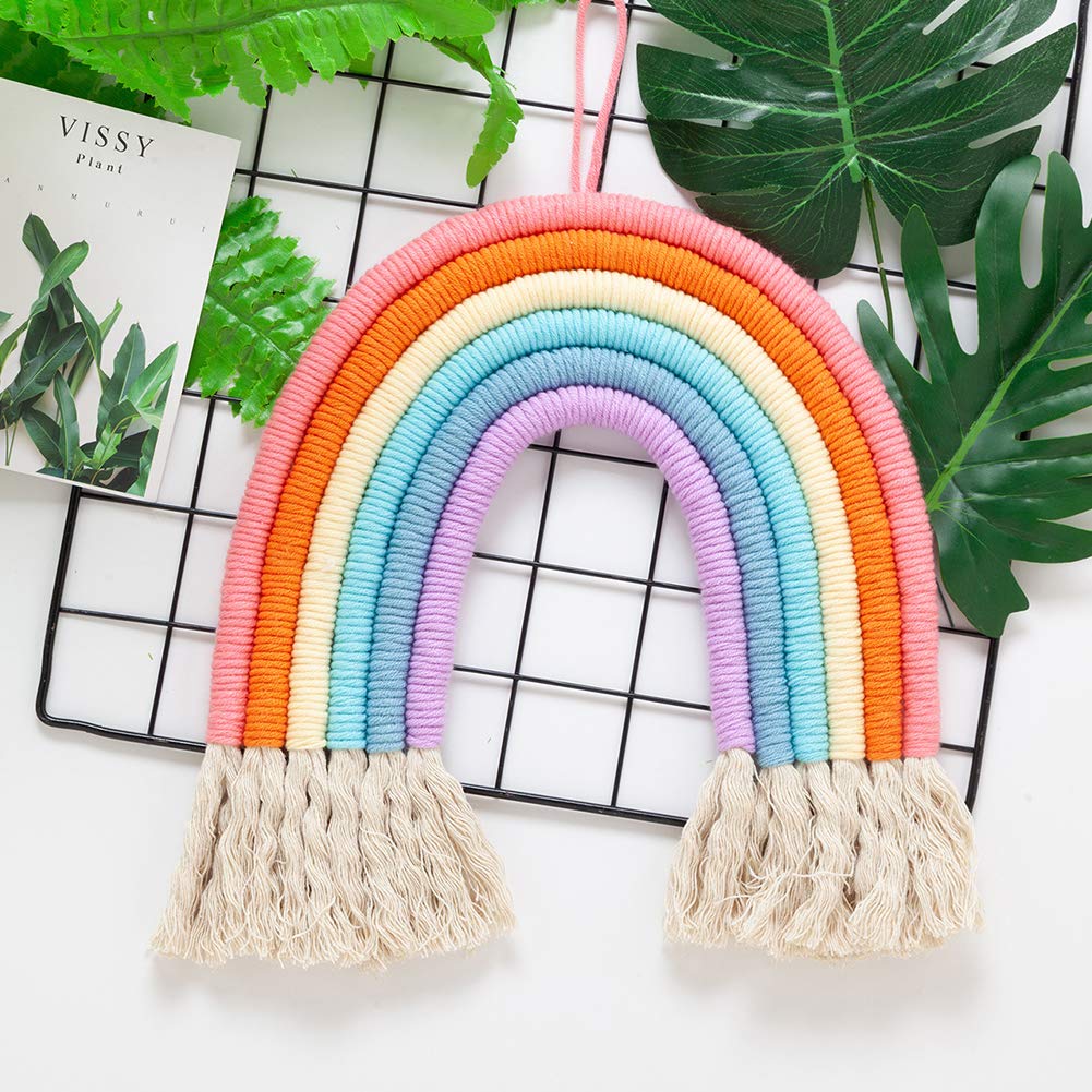 Rainbow Wall Decor Macrame Wall Hanging Girl Room Boho Small Tapestry Kids Nursery Decoration, Woven Decorative Rainbow with Tassel, Soft Cotton Rope Cute Wall Art Backdrop Chic Newborn Birthday Gift