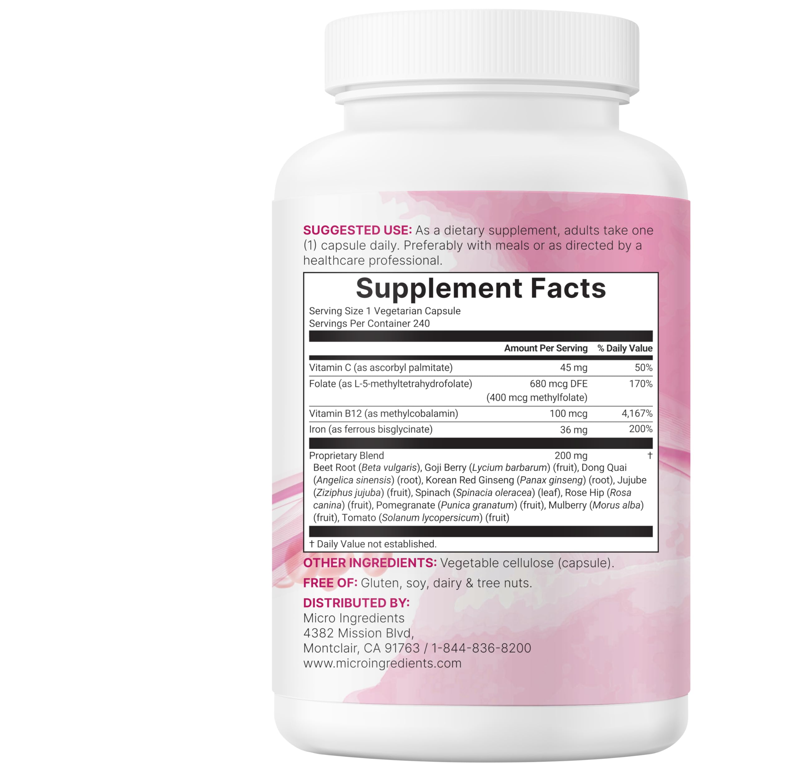 Micro Ingredients Iron Bisglycinate Supplement for Women & Men | 14-in-1 Chelated Ferrous Bisglycinate Complex with Vitamins C & B12, Folate, Botanical Blend | 240 Veggie Capsules | Non-GMO — Amazon image 8