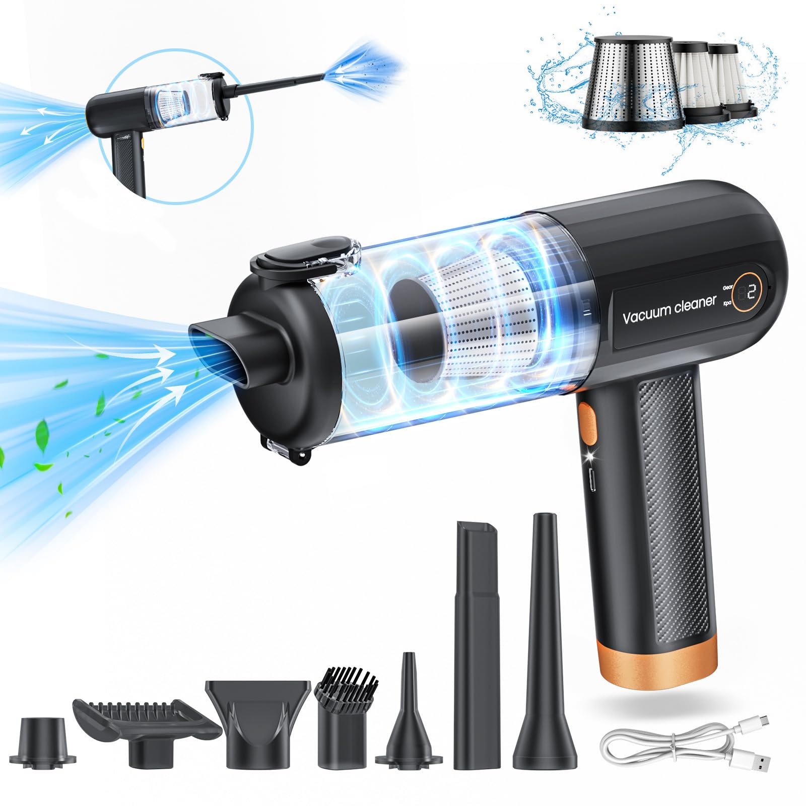 ofottofo Aspiradora Auto Potente, 12000PA Piccolo Aspirabriciole Senza Fili, Mini Aspirapolvere Portatile Ricaricabile Para Sofás, Peli Animali, Camping con Display LED 2 Velocidades