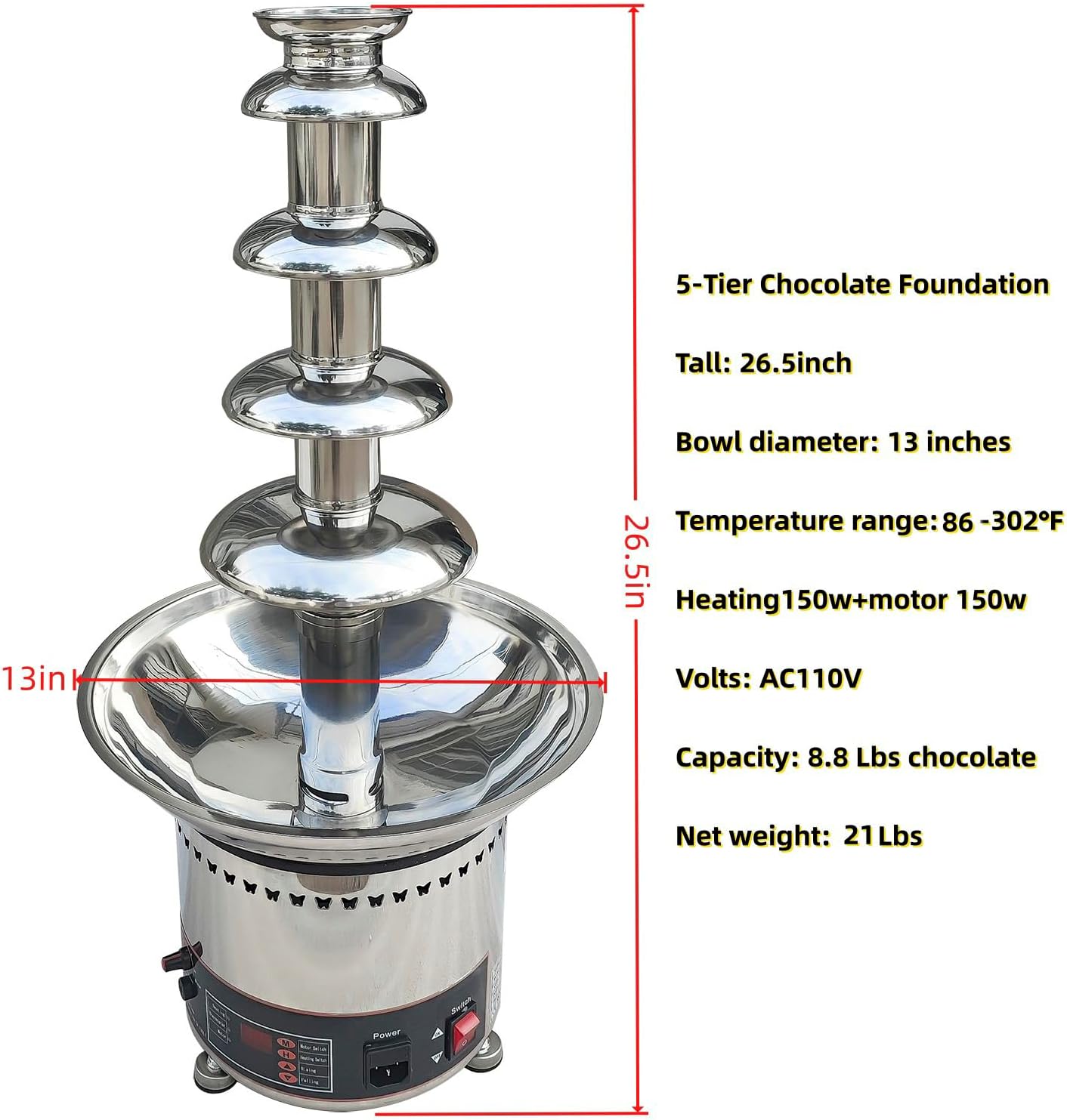 5 Tier Chocolate Fondue Fountain Machine, 110V Electric Commercial Chocolate Fountain Machine for Parties Weddings and Parties, 8.8 Lbs of Chocolate